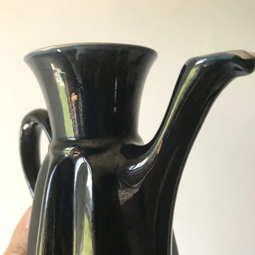 MCM blue black octagonal ceramic teapot creamer sugar set‎ artist signed